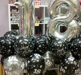 Folienzahlen 1 und 8 und Happy Birthday Luftballons in schwarz und silber