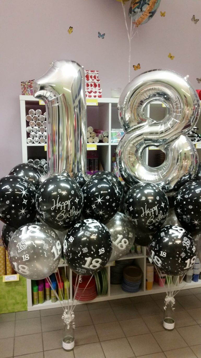 Folienzahlen 1 und 8 und Happy Birthday Luftballons in schwarz und silber