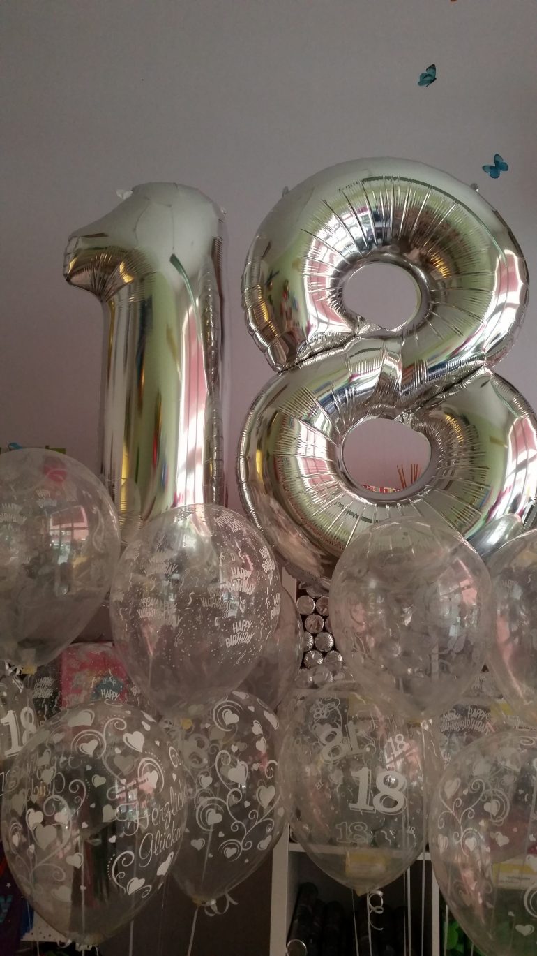 Folienzahlen 1 und 8 und Happy Birthday Luftballons