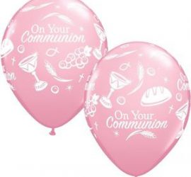 Erstkommunion - on your communion - rosafarbener Ballon mit christlichen Symbolen