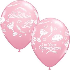 Erstkommunion - on your communion - rosafarbener Ballon mit christlichen Symbolen