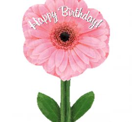 Geburtstagsblume - rosafarbener Folienballon in Form einer Blume mit Happy Birthday Aufschrift