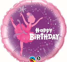Happy Birthday Folienballon 45 cm rund mit Tänzerin in den Farben pink und lila