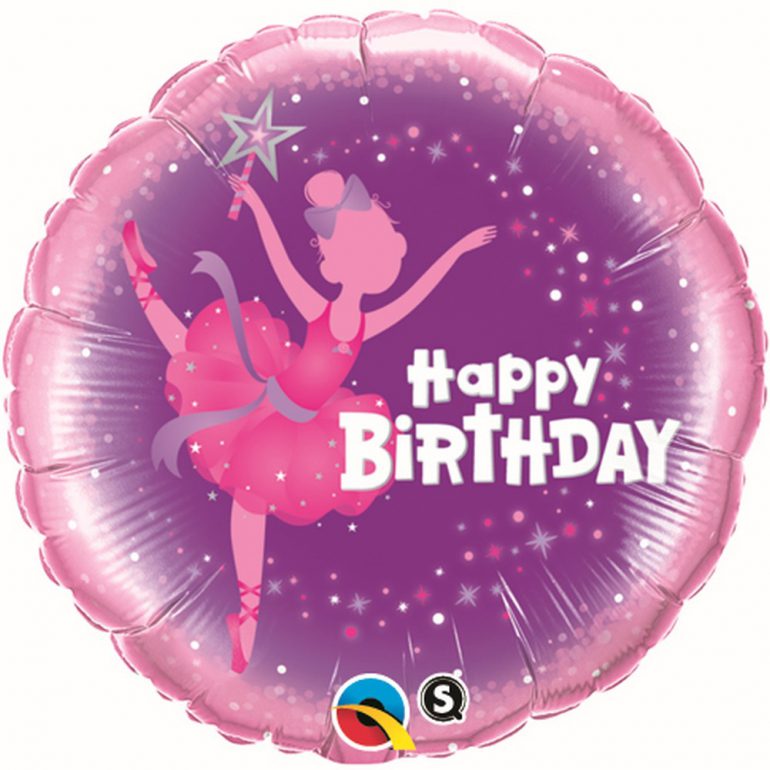 Happy Birthday Folienballon 45 cm rund mit Tänzerin in den Farben pink und lila