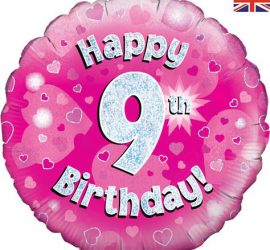 Happy 9th Birthday! zum 9. Geburtstag! Pink! Glitzer! 45cm, runder Folienballon