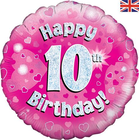 Happy 10th Birthday! zum 10. Geburtstag! Pink! Glitzer! 45cm, runder Folienballon!