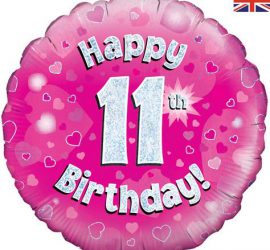 Happy 11th Birthday! zum 11. Geburtstag! Pink! Glitzer! 45cm, runder Folienballon!