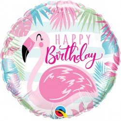 Happy Birthday Folienballon rund 45 cm mit Flamingo