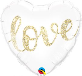 Weißes Folienherz mit goldener Glitzerschrift `love´ Liebe, 45 cm, zur Verlobung, zur Hochzeit, oder einfach so...