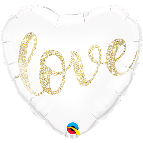 Weißes Folienherz mit goldener Glitzerschrift `love´ Liebe, 45 cm, zur Verlobung, zur Hochzeit, oder einfach so...