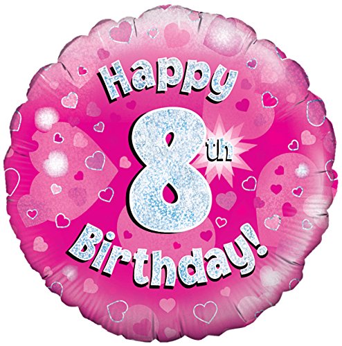 Happy 8th Birthday! zum 8. Geburtstag! Pink! Glitzer! 45cm, runder Folienballon!