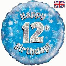Happy 12th Birthday! zum 12. Geburtstag! Blau! Glitzer! 45cm, runder Folienballon