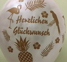 Herzlichen Glückwunsch mit Ananas, Flamingos und Papageien - Latexballon in bunten Farben!