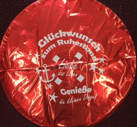 Glückwunsch zum Ruhestand! Liebe das Leben! Roter Folienballon, rund, 45 cm; Pensionierung, Rente