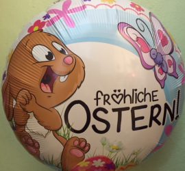 fröhliche OSTERN! Osterhase mit Schmetterlingen und Blumen auf rundem Folienballon, 45 cm