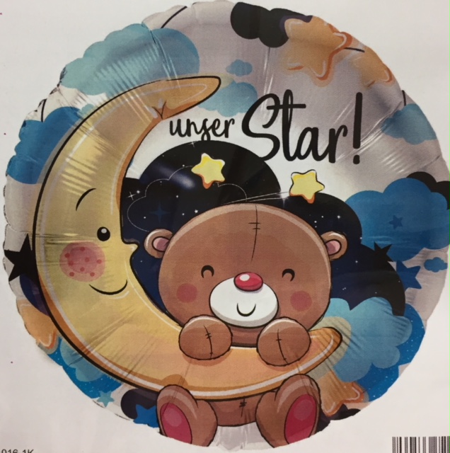 runder blauer Folienballon mit süßem Teddy und Mond, mit der Aufschrift `unser Star!´- zur Geburt des Prinzen