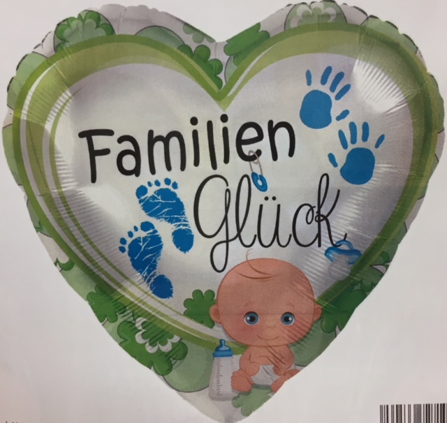 Folienherz mit der Aufschrift `FamilienGlück´und Baby und Hand- und Fussabdrücken zur Geburt oder für die Babyparty/Babyshower für den Jungen