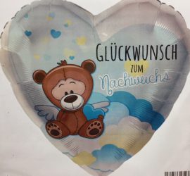 Folienherz in blau mit Teddy und der Aufschrift `Glückwunsch zum Nachwuchs´ - zur Geburt eines Jungen