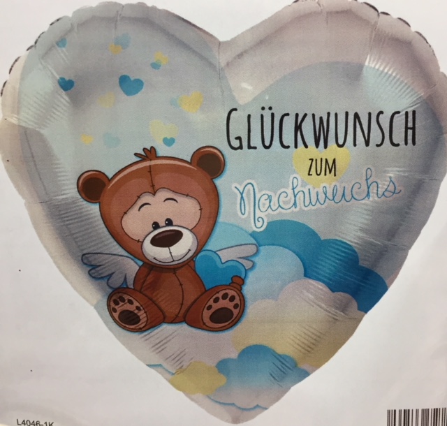 Folienherz in blau mit Teddy und der Aufschrift `Glückwunsch zum Nachwuchs´ - zur Geburt eines Jungen