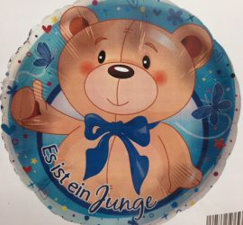 blauer runder Folienballon mit Teddy mit blauer Schleife, mit der Aufschrift `Es ist ein Junge´- für die Babyparty/Babyshower, zur Geburt den Prinzen