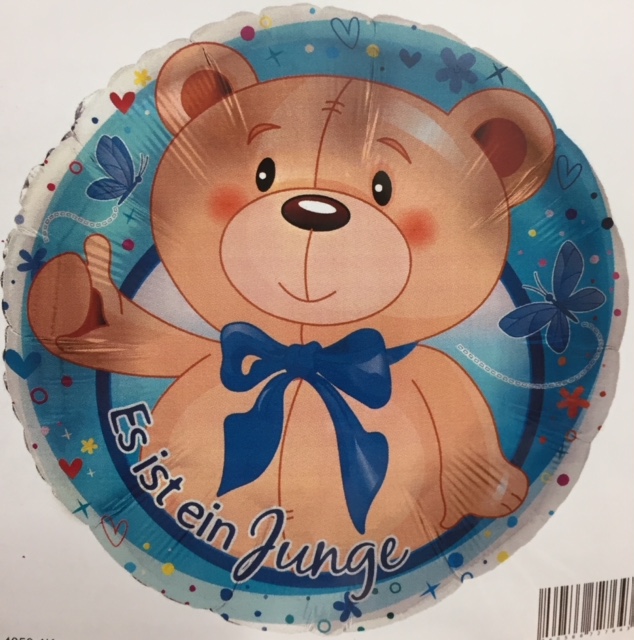 blauer runder Folienballon mit Teddy mit blauer Schleife, mit der Aufschrift `Es ist ein Junge´- für die Babyparty/Babyshower, zur Geburt den Prinzen