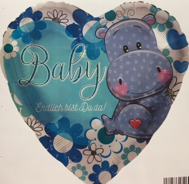 Baby-Folien-Herz mit Nilpferd und der Aufschrift `Endlich bist Du da! - blau - zur Geburt!