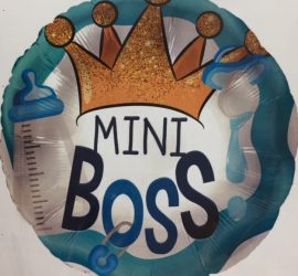 MINI BOSS - runder blauer Folienballon mit Krone zur Geburt des Prinzen oder für die Babyparty/Babyshower