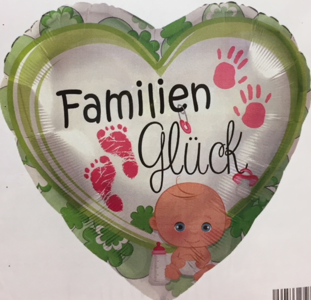 Folienherz mit der Aufschrift `FamilienGlück´ mit Baby und Hand- und Fussabdrücken zur Geburt oder für die Babyparty/Babyshower für ein Mädchen