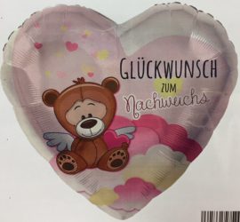 Folienherz in rosa mit Teddy und der Aufschrift `Glückwunsch zum Nachwuchs´ - zur Geburt eines Mädchen