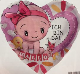 rosafarbenes Folienherz mit Baby und der Aufschrift `HALLO ICH BIN DA´ zur Geburt der Prinzessin