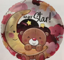 runder rosafarbener Folienballon mit süßem Teddy und Mond, mit der Aufschrift `unser Star!´- zur Geburt der Prinzessin
