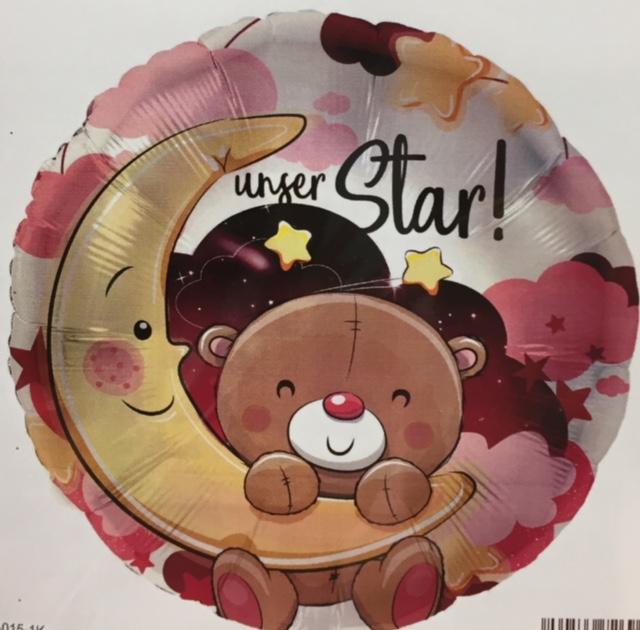 runder rosafarbener Folienballon mit süßem Teddy und Mond, mit der Aufschrift `unser Star!´- zur Geburt der Prinzessin