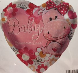 Baby-Folien-Herz mit Nilpferd und der Aufschrift `Endlich bist Du da! - rosa - zur Geburt!