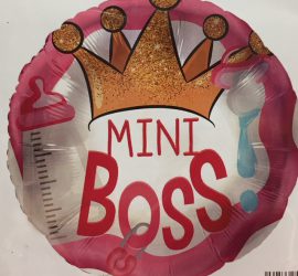 MINI BOSS - runder rosafarbener Folienballon mit Krone zur Geburt der Prinzessin oder für die Babyparty/Babyshower