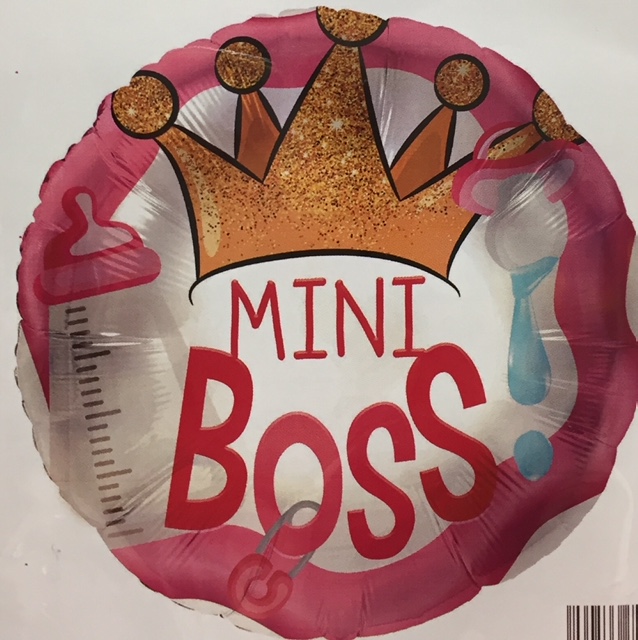 MINI BOSS - runder rosafarbener Folienballon mit Krone zur Geburt der Prinzessin oder für die Babyparty/Babyshower