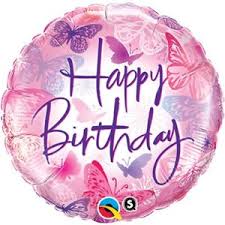 Happy Brithday Ballon mit Schmetterlingen in rosa- und lila Farbtönen; rund; 45 cm