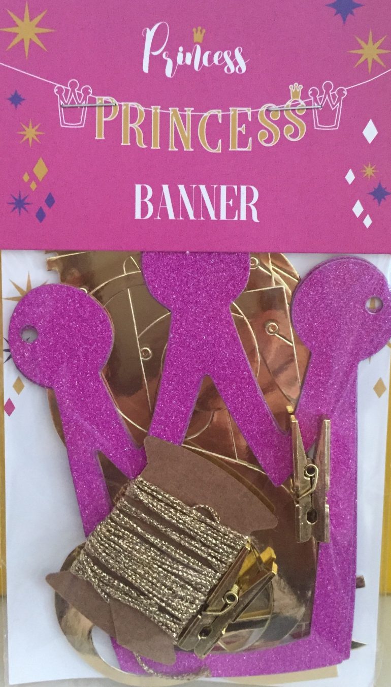 Partykette/-banner PRINCESS - goldfarbene Buchstaben, pinkfarbene Krönchen