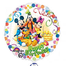 Disneyfiguren MickeyMouse, Goofy, MinnieMouse, Donald und Daisy und Pluto wünschen Happy Birthday - runder Folienballon 45 cm