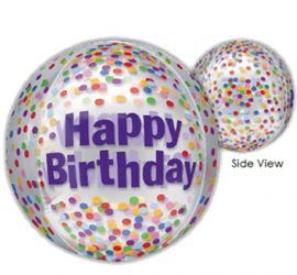 Happy Birthday - Orbz - kugelrunder Ballon 45 cm Durchmesser mit bunten Konfetti - durchsichtig