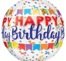 Happy Birthday - Orbz - kugelrunder Ballon 45 cm Durchmesser mit bunten Wimpeln und Konfetti - durchsichtig