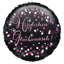 Herzlichen Glückwunsch! Runder Folienballon 45 cm in den Farben schwarz/silber/pink/lila mit Glitzer!