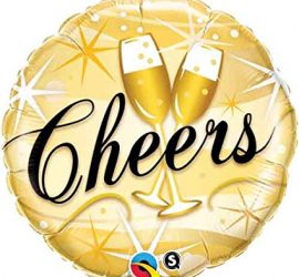 Cheers - runder goldfarbener Folienballon mit zwei Sektgläsern und schwarzem Schriftzug Cheers; 45 cm