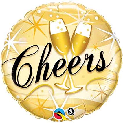 Cheers - runder goldfarbener Folienballon mit zwei Sektgläsern und schwarzem Schriftzug Cheers; 45 cm