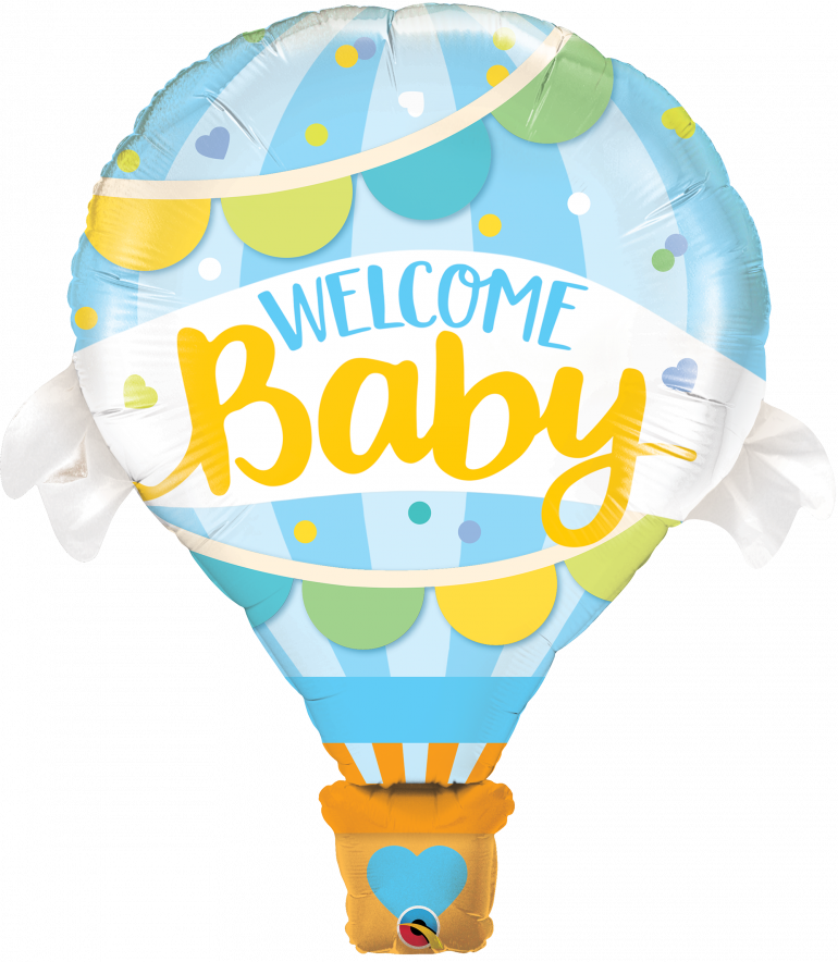 Welcome Baby - blauer Heißluftballon mit blau/gelber Schrift - zur Geburt!