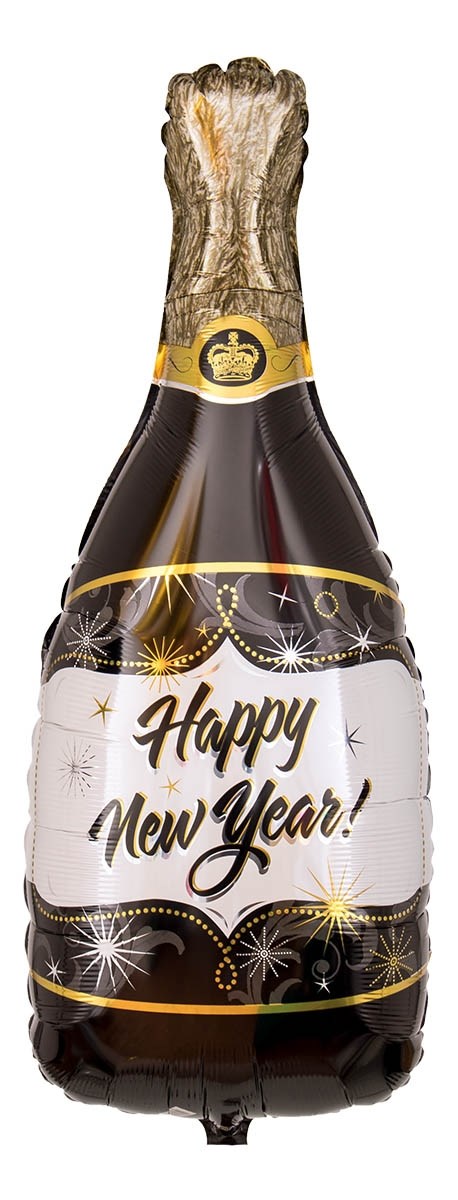 schwarz/goldene Champagnerflasche mit der Aufschrift Happy New Year! Folienballon 86 cm