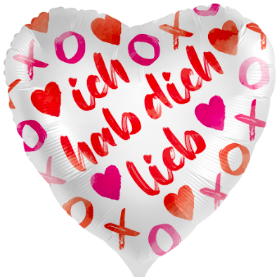 Folienherz `ich hab dich lieb XOXO´ 45cm, weißes Herz mit rot/pinkfarbener Beschriftung