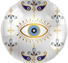 Folienballon mit Aufdruck Magical Evil Eye, rund, 45 cm, weißer Ballon mit blauen und goldfarbenem Aufdruck