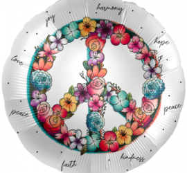 Runder Ballon mit dem PEACE-Zeichen aus bunten Blumen