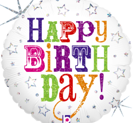 Happy Birthday Ballon weiß mit bunter Schrift - rund 45 cm