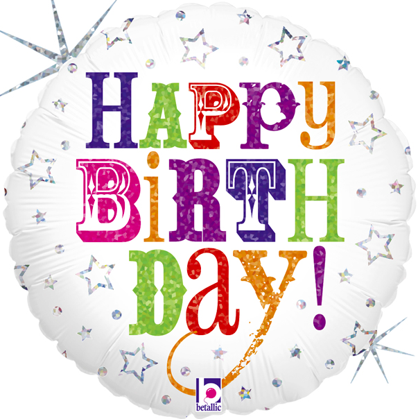 Happy Birthday Ballon weiß mit bunter Schrift - rund 45 cm
